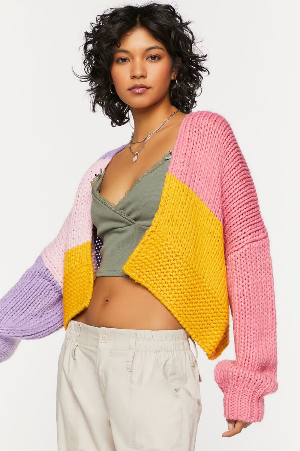 Cropped Colorblock Cardigan Sweater